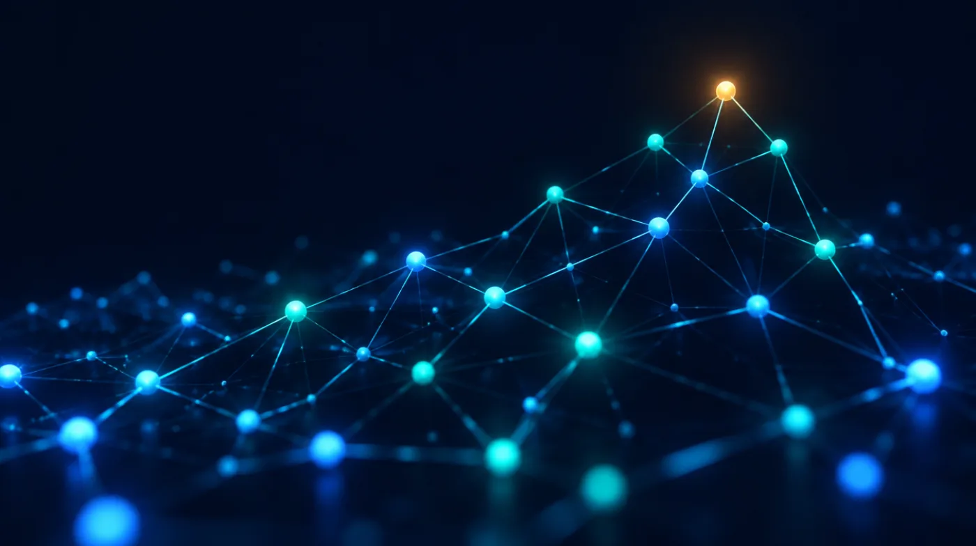 عُقد متوهّجة متشابكة ترمز إلى شبكة ناشري 0Backlink